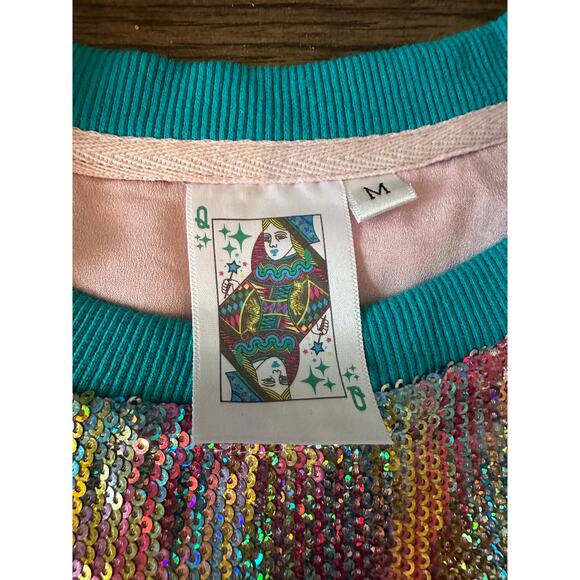 EUC Queen of Sparkles Teal Rainbow Sequin Bubble Top + Skort SET Sz Medium - Picture 8 of 12